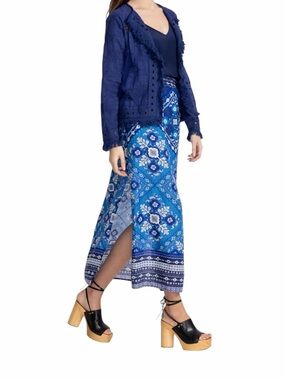 Johnny Was Blue Linen High Slit Skirt NWT